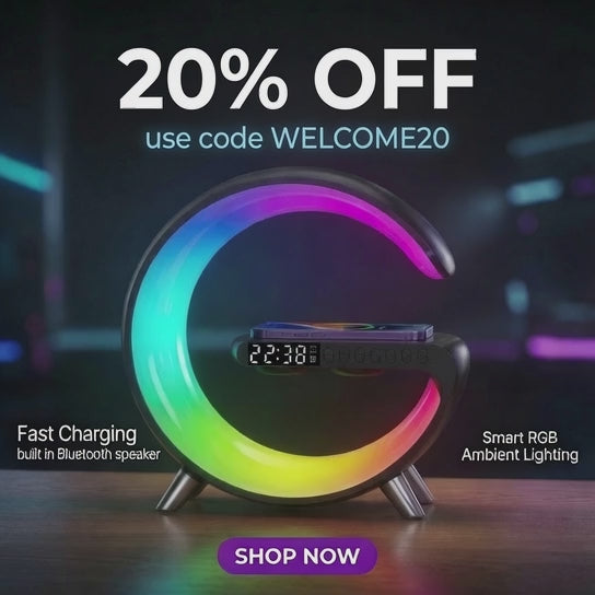 G-Shaped LED Atmosphere Lamp with Bluetooth Speaker & Wireless Charging