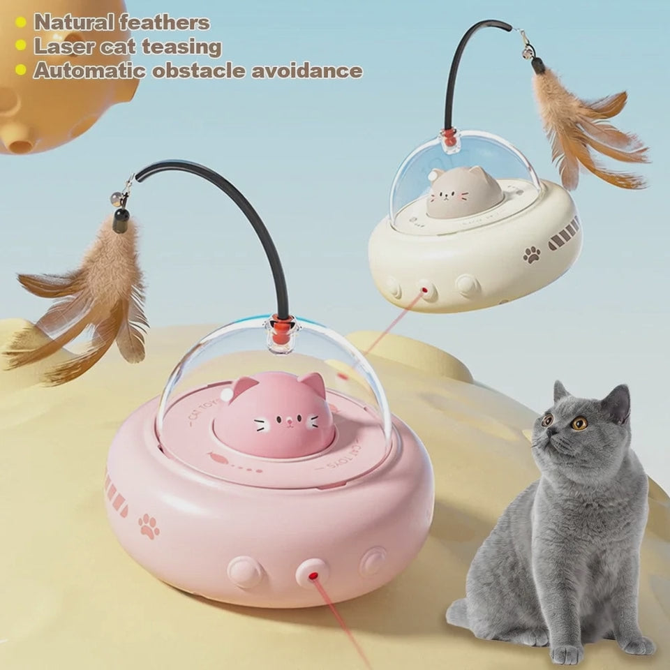 Smart Electric UFO Cat Teaser Toy with Feather, Bell & Laser