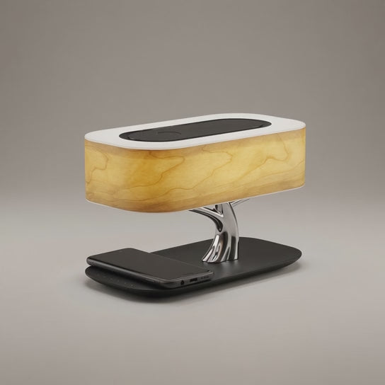 Cherry Wood Tree Lamp — Wireless Charger, Bluetooth Speaker & Dimmable Bedside Light