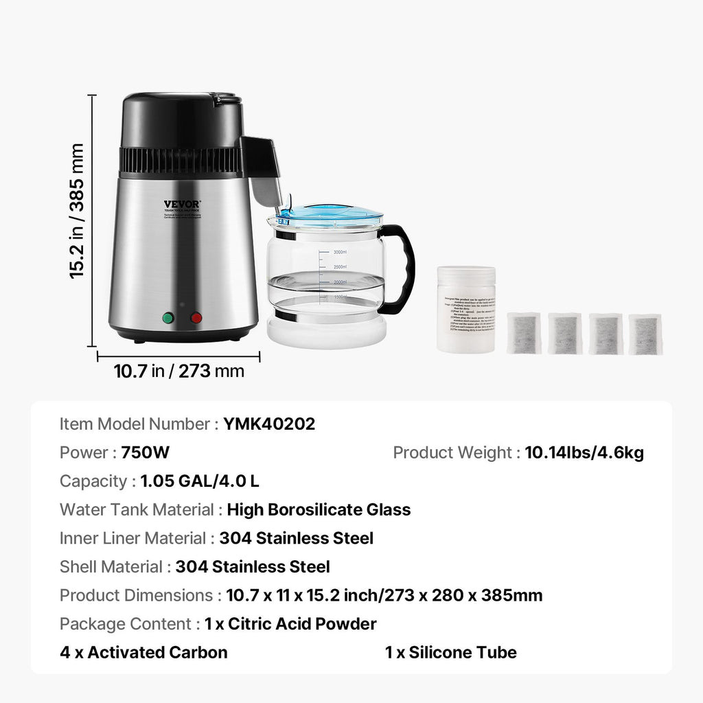 4L Water Distiller Purifier Machine Countertop Stainless Steel