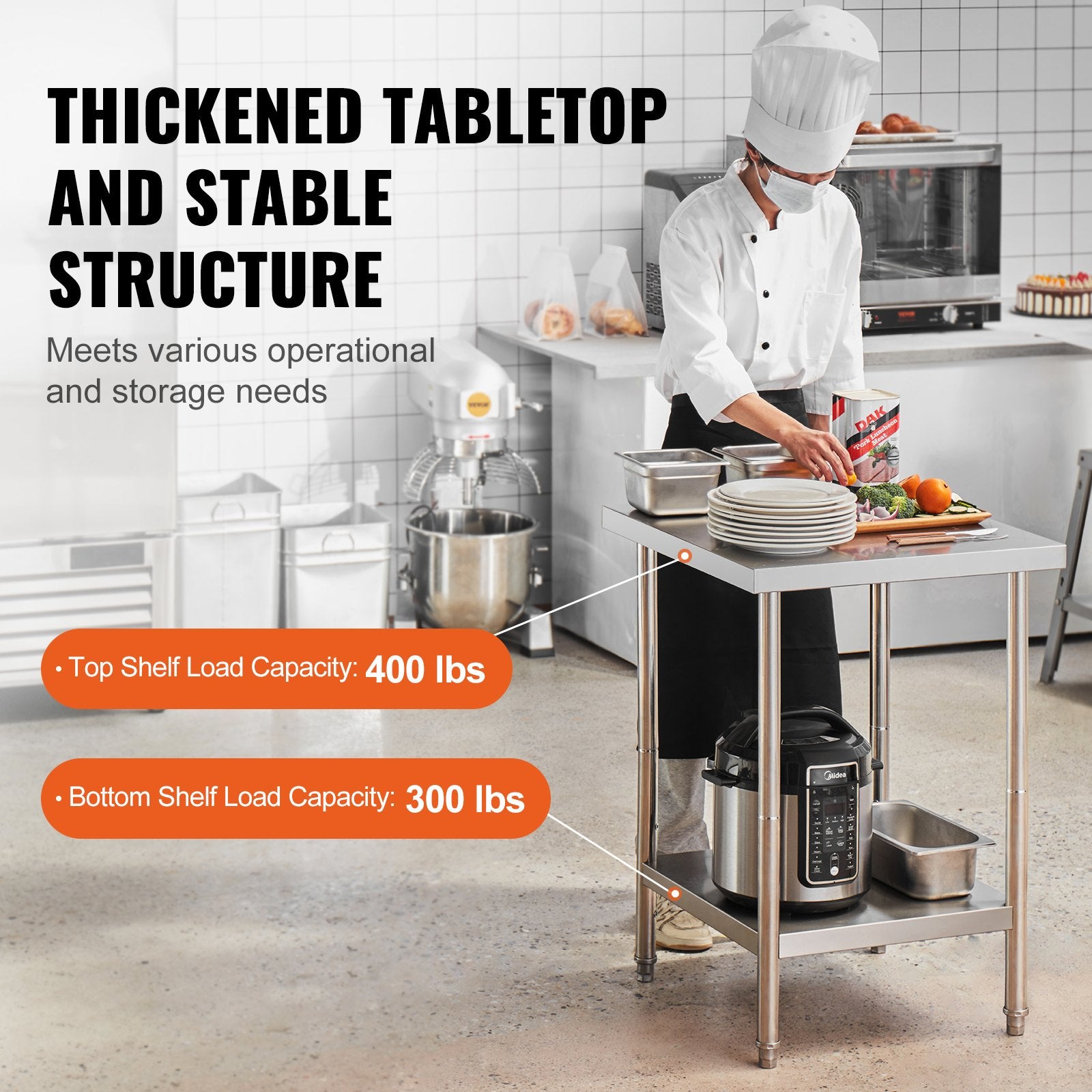 Stainless Steel Prep Table, 24 x 24 x 34 Inch, Heavy Duty Metal