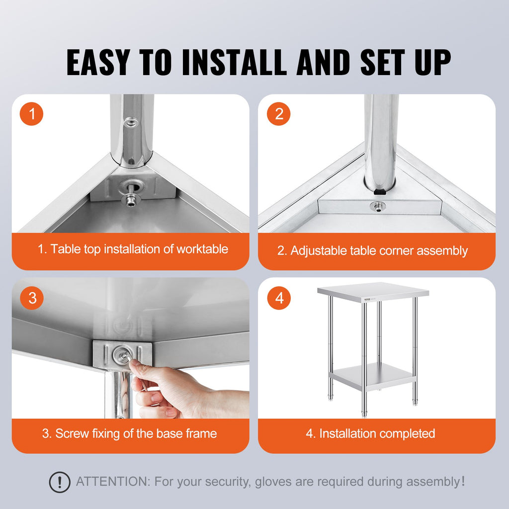 Stainless Steel Prep Table, 24 x 24 x 34 Inch, Heavy Duty Metal