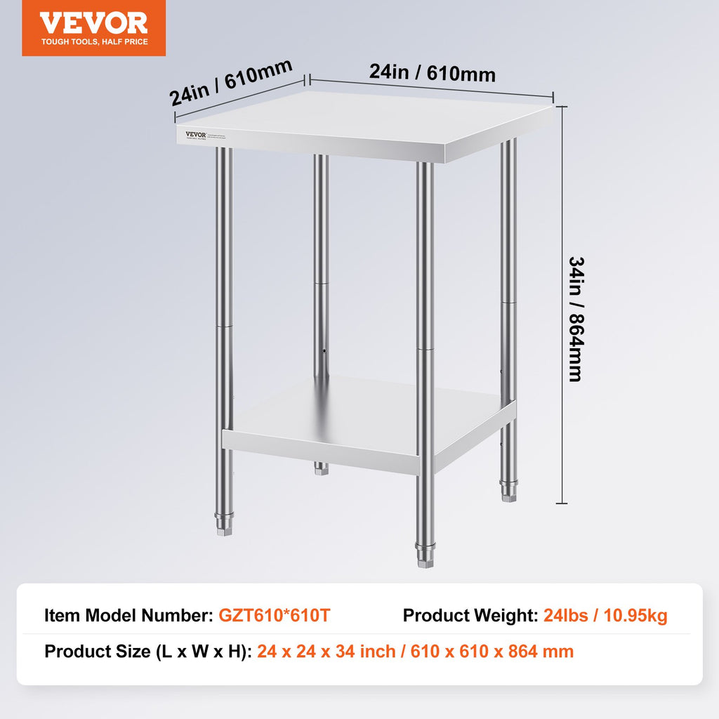 Stainless Steel Prep Table, 24 x 24 x 34 Inch, Heavy Duty Metal