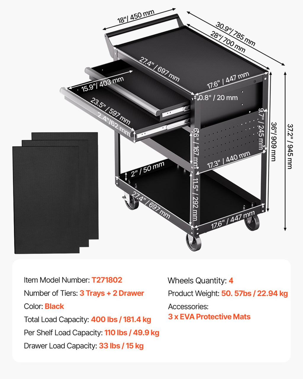5-Tier Tool Cart with Wheels, 400 lbs Load Capacity, Rolling Work Cart