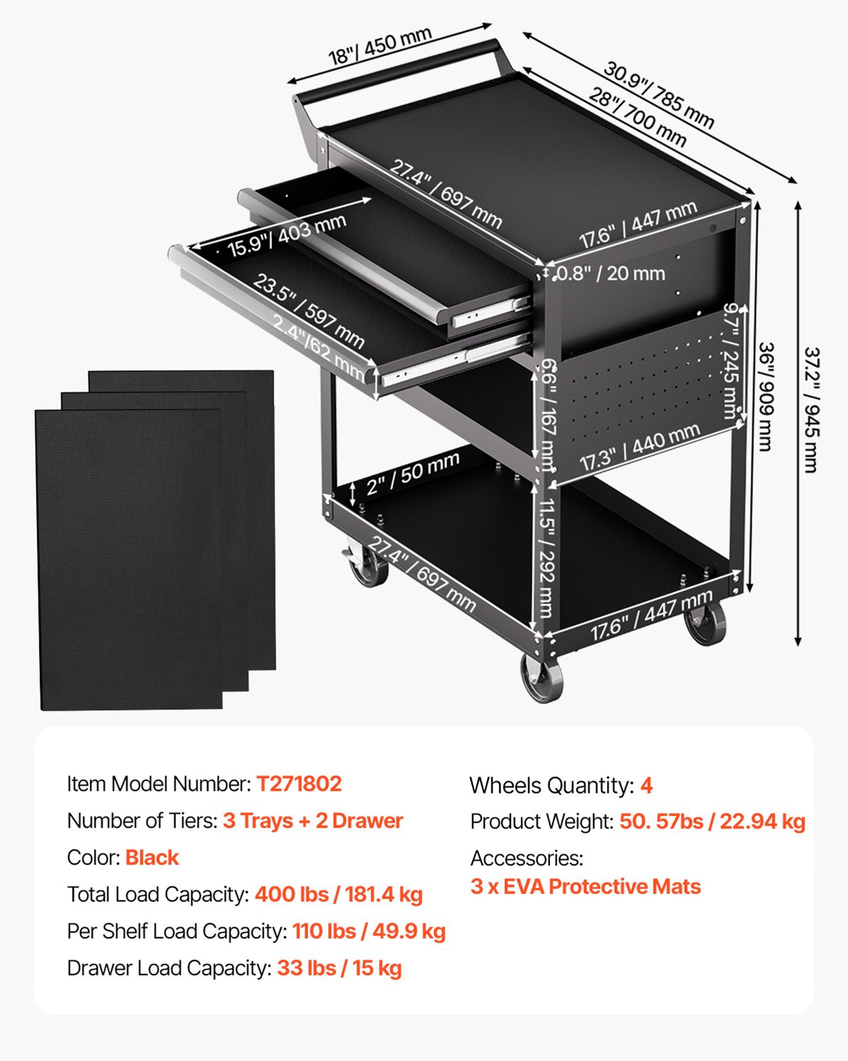 5-Tier Tool Cart with Wheels, 400 lbs Load Capacity, Rolling Work Cart