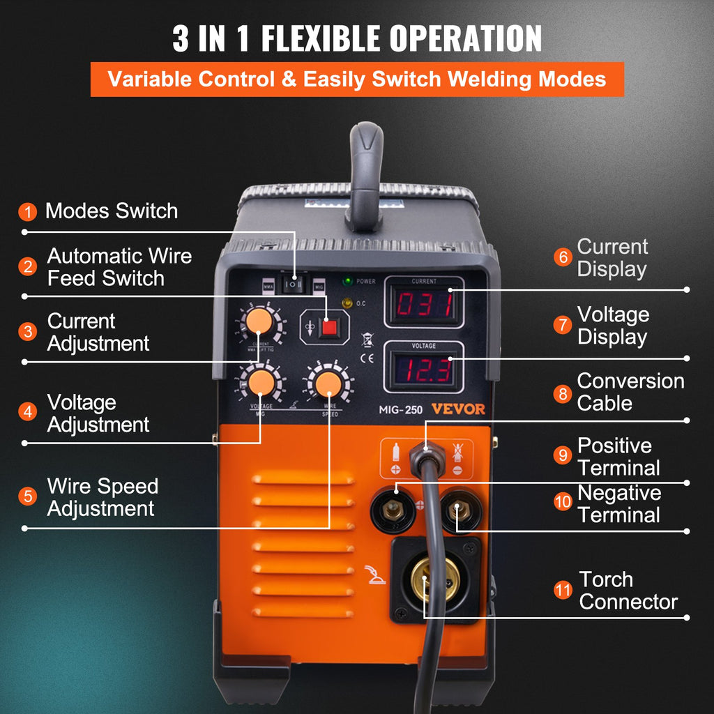 MIG Welder 250 Amp MIG TIG Arc Welder 3 in 1 Welder Welding Machine