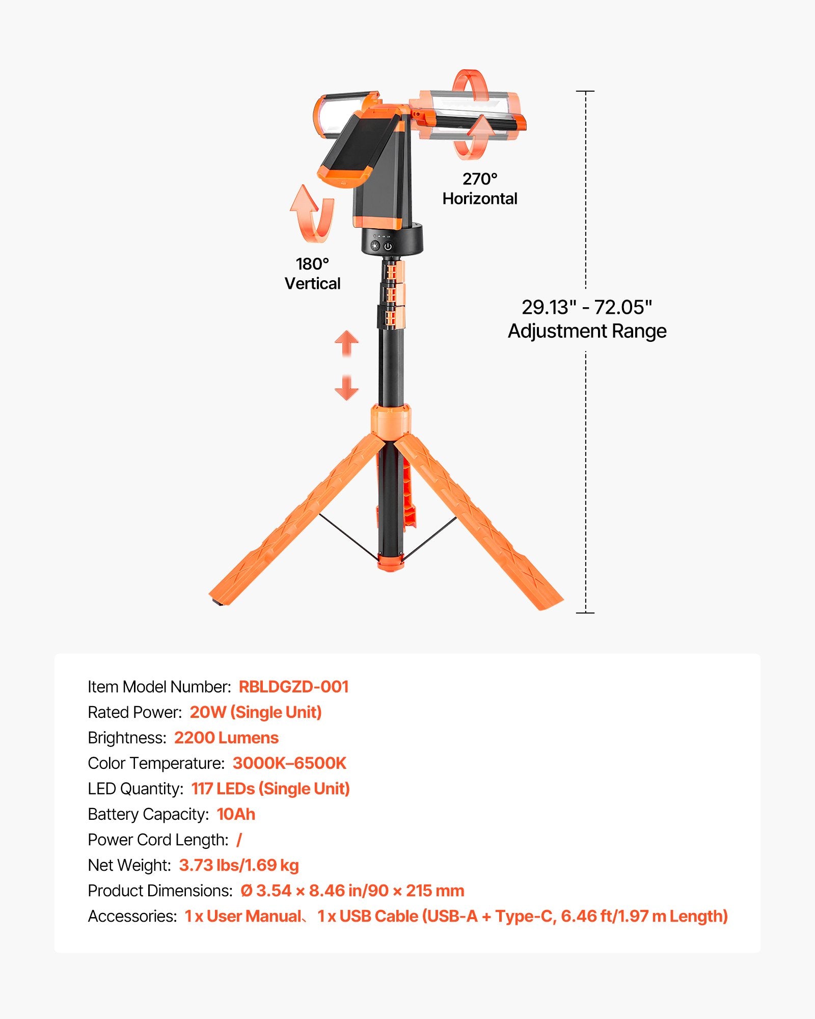 LED Work Light with Stand, 10Ah, Rechargeable Cordless Camping Light,