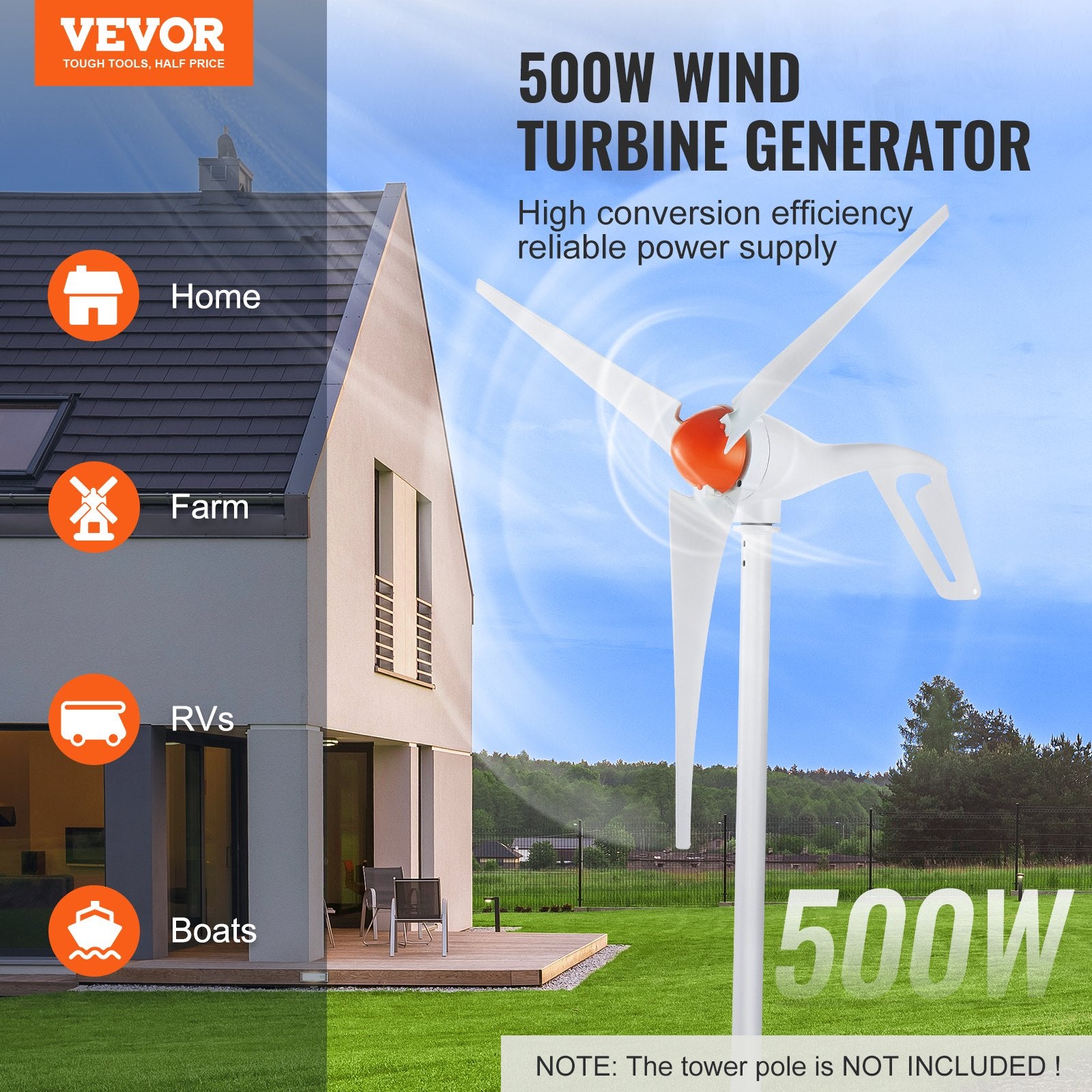 500W Wind Turbine Generator, 12V Wind Turbine Kit, 3-Blade Wind Power