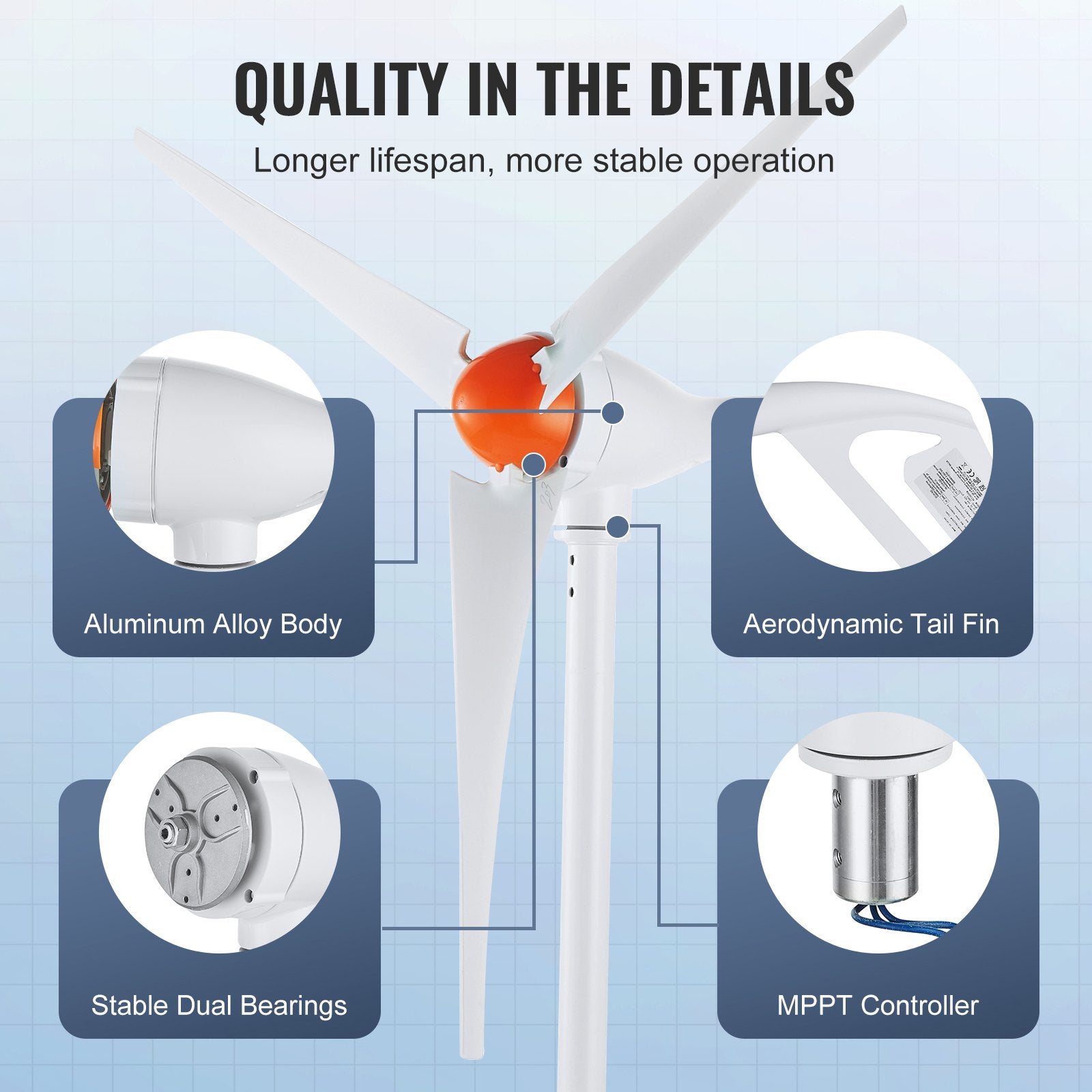 500W Wind Turbine Generator, 12V Wind Turbine Kit, 3-Blade Wind Power