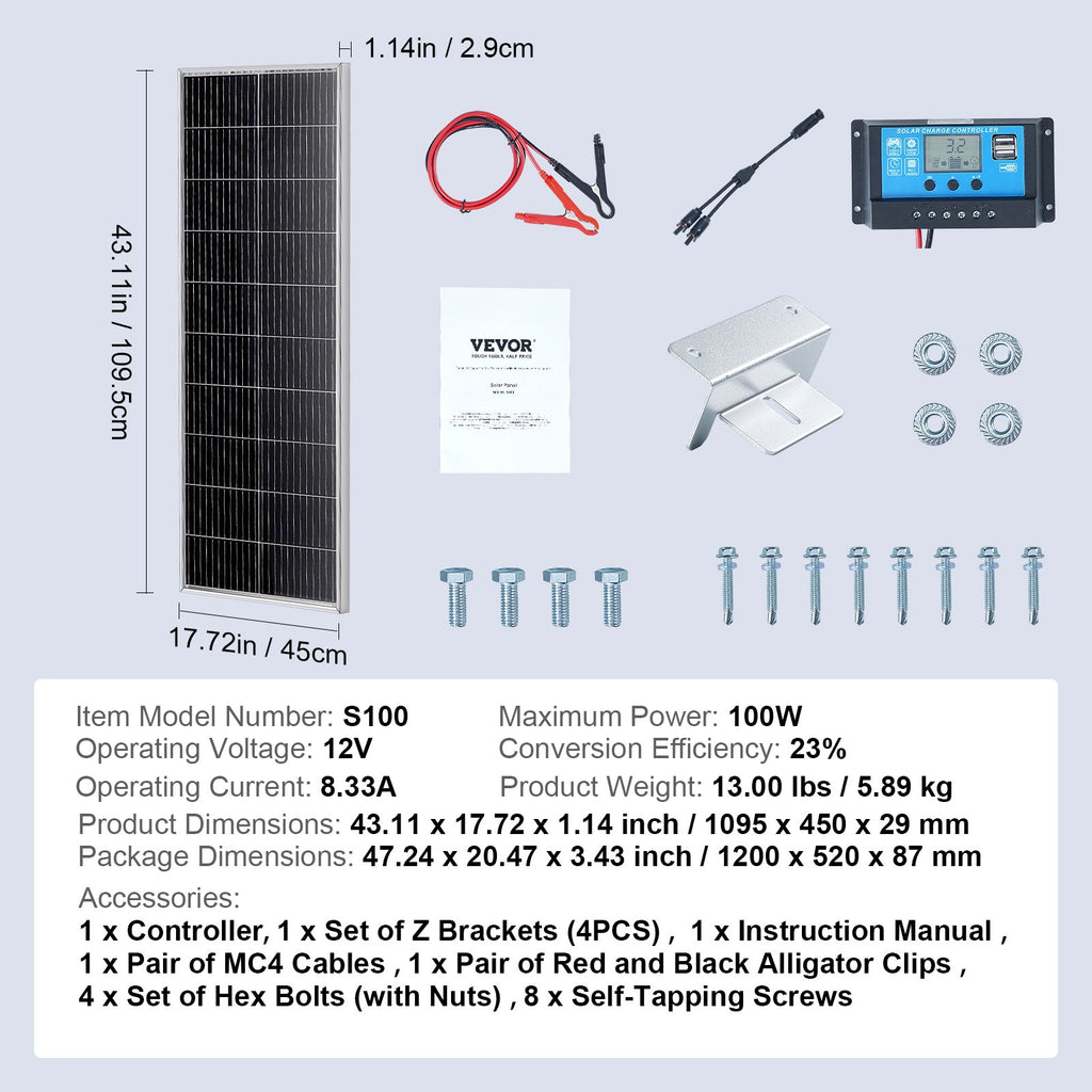 100W Monocrystalline Solar Panel Kit, 12V Monocrystalline Solar Panel