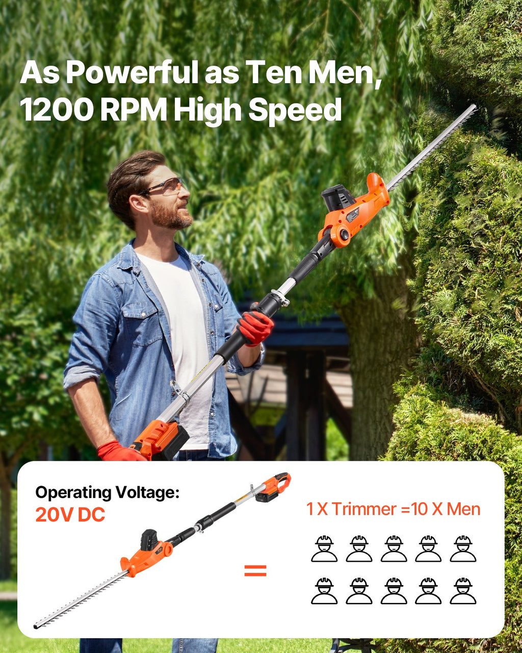 Electric Hedge Trimmer, 1200 RPM, 6.2 - 7.8 Ft Extendable, Pole Hedge