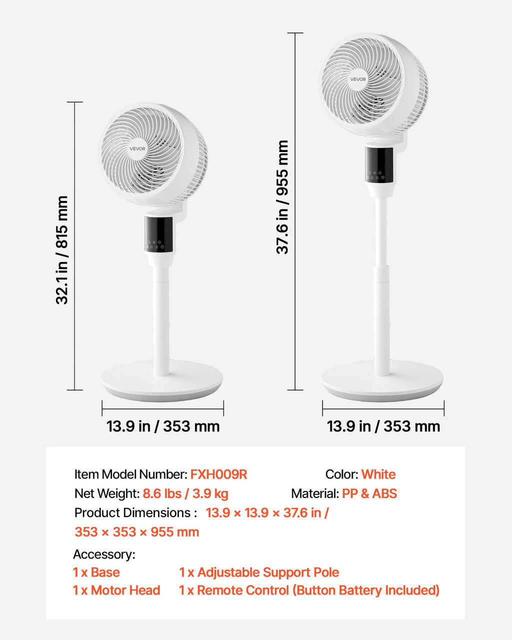 23 cm Pedestal Fan, 80° Oscillating Standing Floor Fan with Quite DC