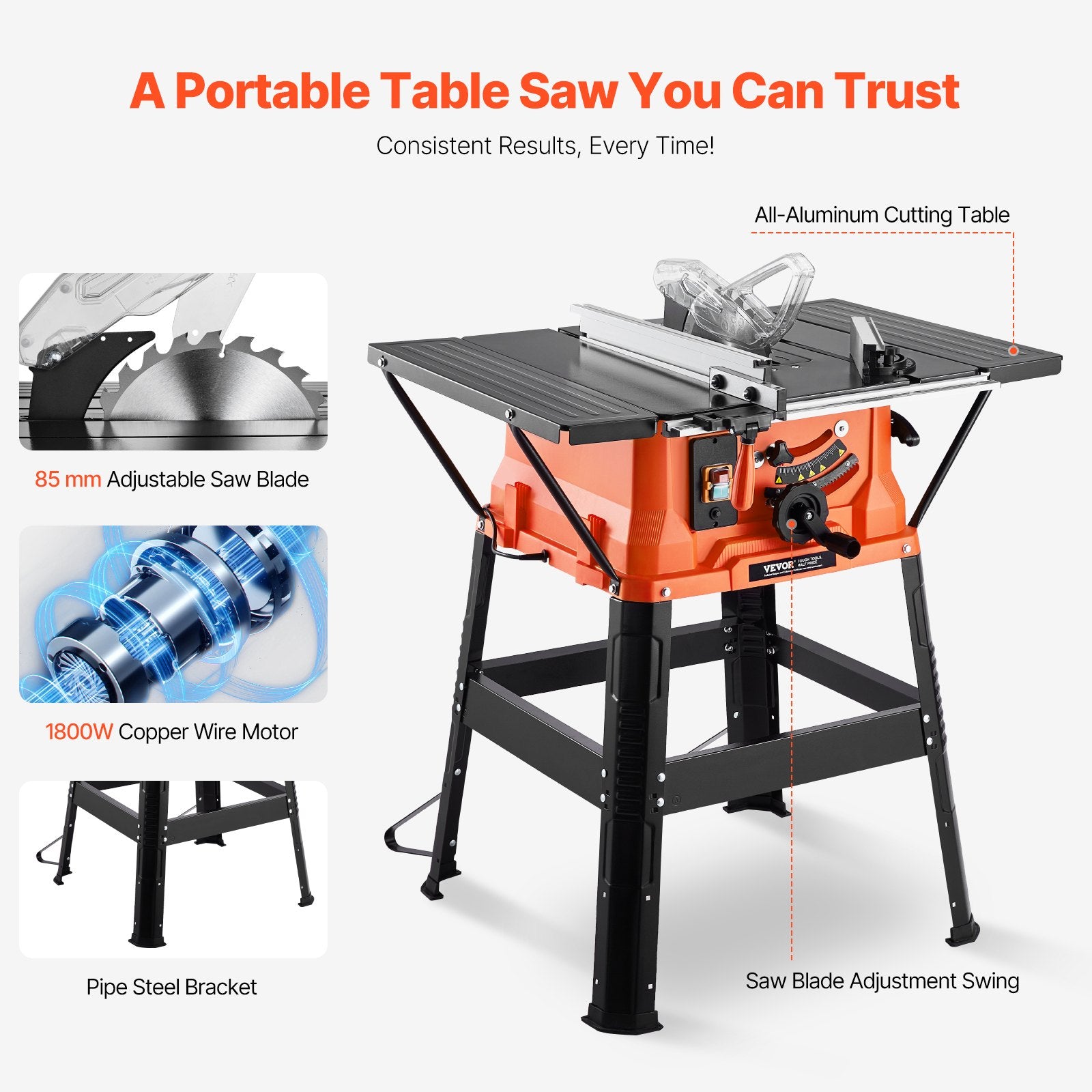 Table Saw with Stand, 254 mm, 1800W Portable Compact Tablesaw, 200 mm