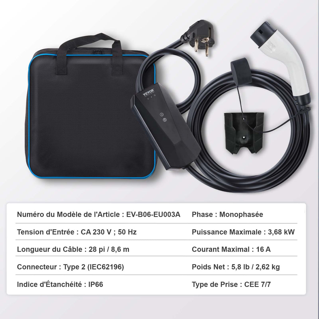 Portable EV Charger Type 2, 16A 3.7 kW, Electric Vehicle Car Charger