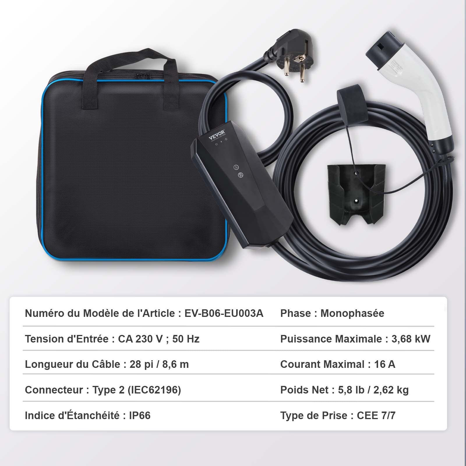 Portable EV Charger Type 2, 16A 3.7 kW, Electric Vehicle Car Charger