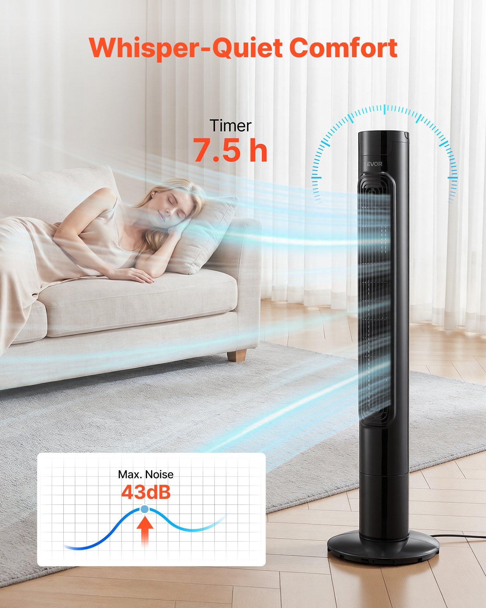 Tower Fan, 50-Degree Oscillating Standing Fan, 3 Speeds & 3 Modes &