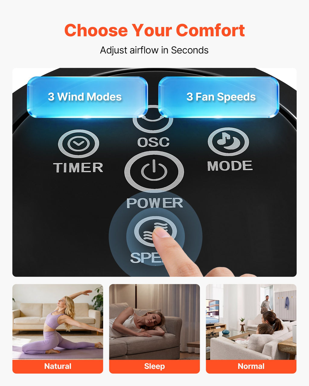 Tower Fan, 50-Degree Oscillating Standing Fan, 3 Speeds & 3 Modes &