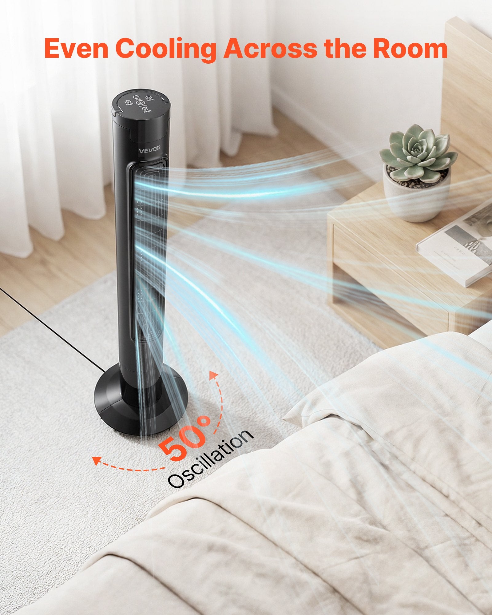Tower Fan, 50-Degree Oscillating Standing Fan, 3 Speeds & 3 Modes &