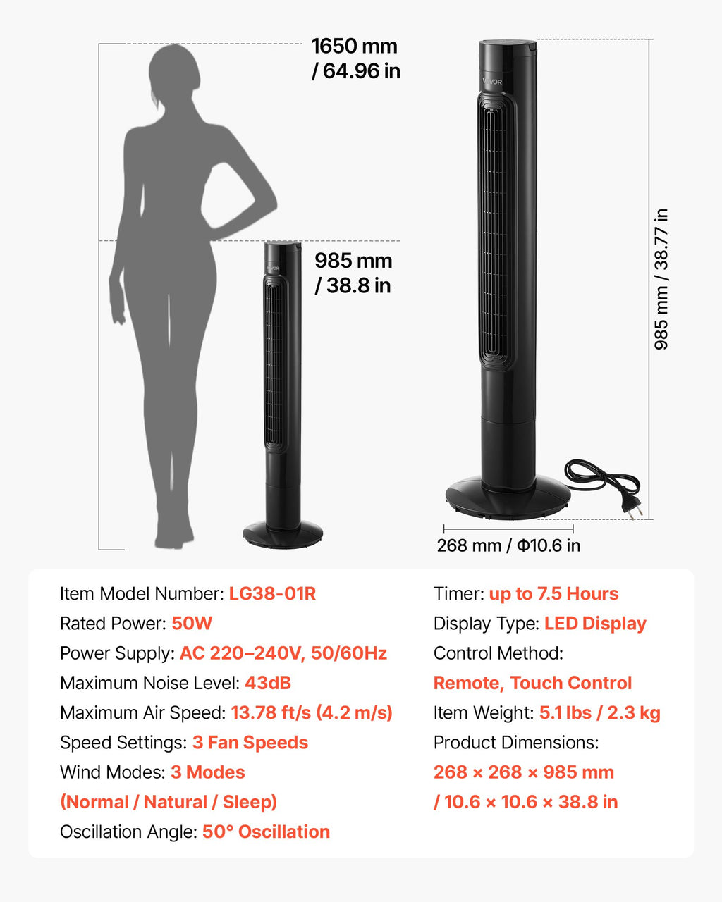 Tower Fan, 50-Degree Oscillating Standing Fan, 3 Speeds & 3 Modes &