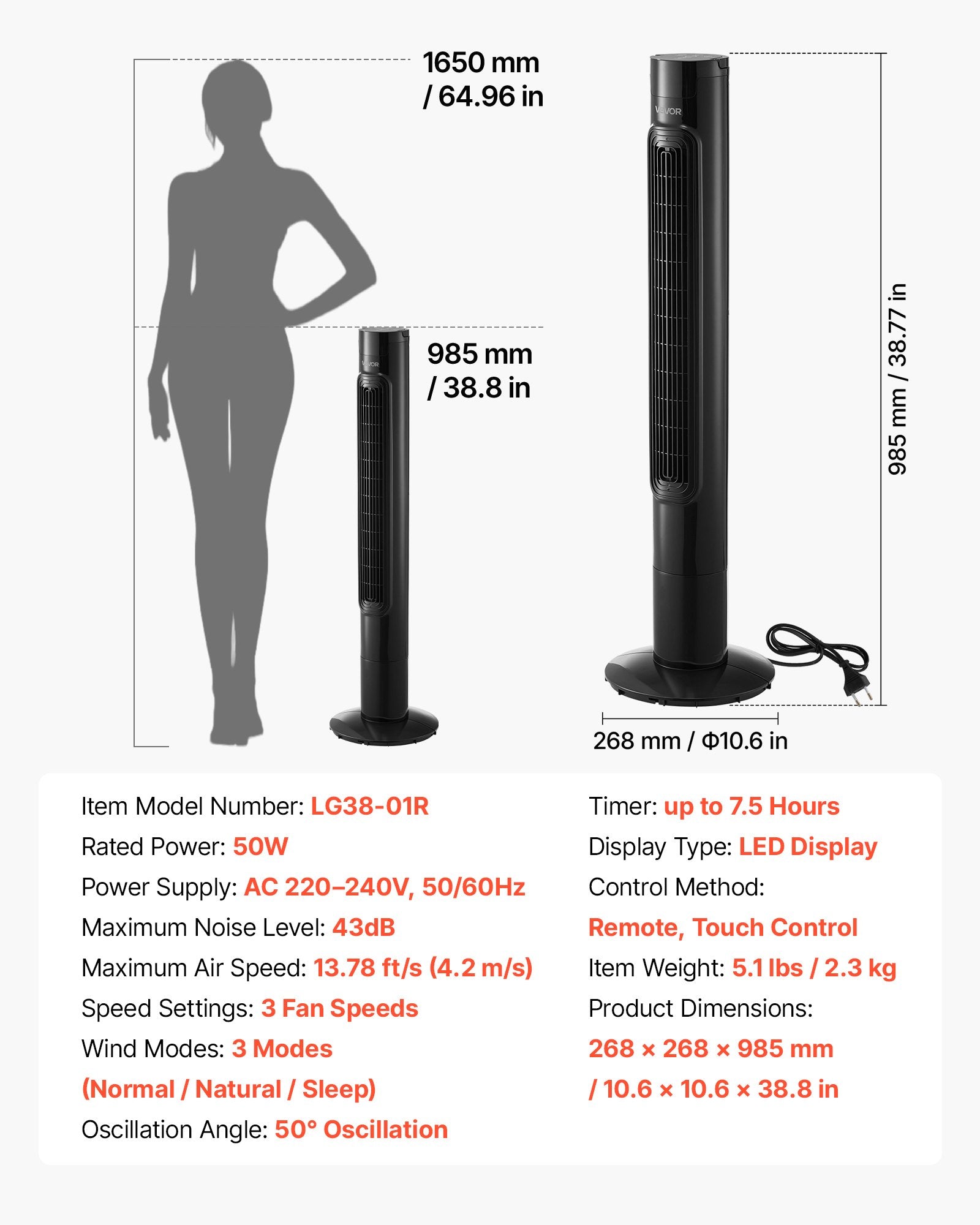 Tower Fan, 50-Degree Oscillating Standing Fan, 3 Speeds & 3 Modes &