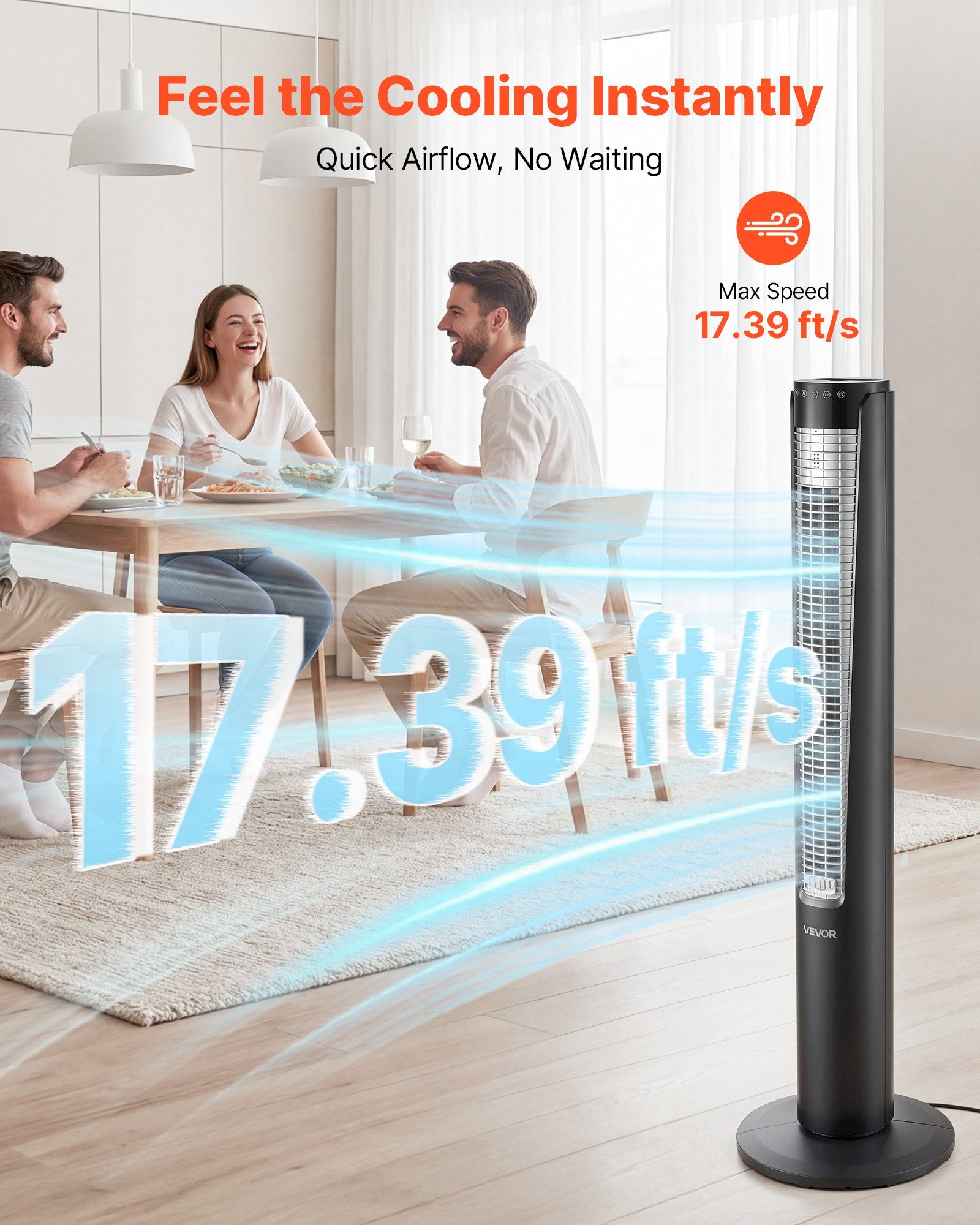Tower Fan, 70-Degree Oscillating Standing Fan, 3 Speeds & 4 Modes &