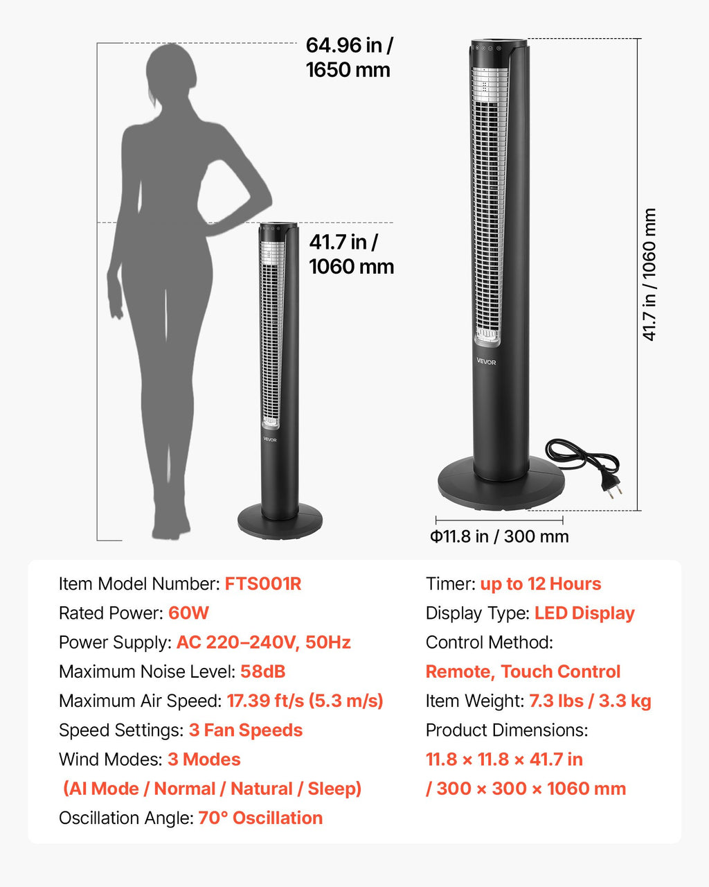 Tower Fan, 70-Degree Oscillating Standing Fan, 3 Speeds & 4 Modes &