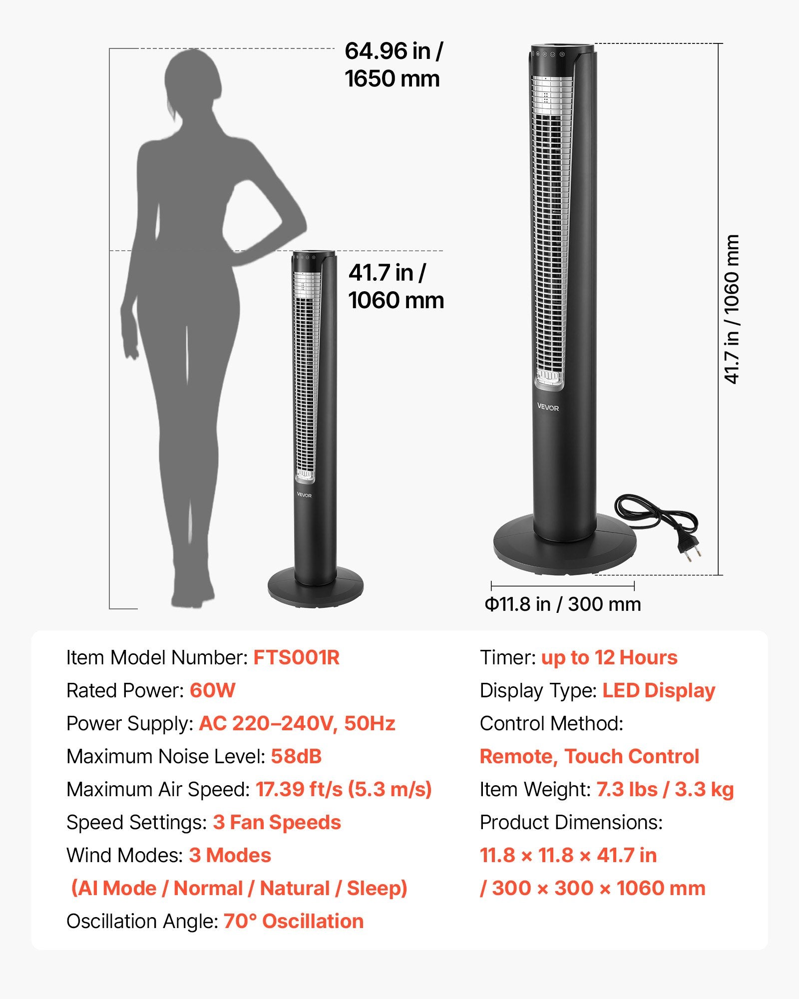 Tower Fan, 70-Degree Oscillating Standing Fan, 3 Speeds & 4 Modes &