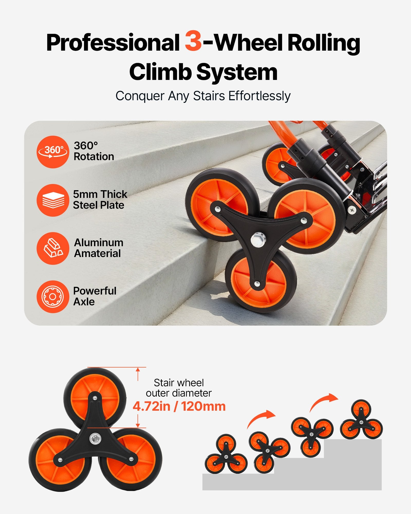 Stair Climbing Cart, 54 kg Stair-Climbing Capacity, Portable Folding