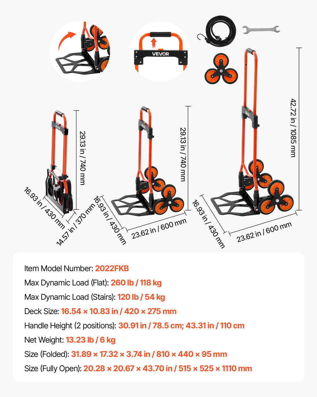 Stair Climbing Cart, 54 kg Stair-Climbing Capacity, Portable Folding