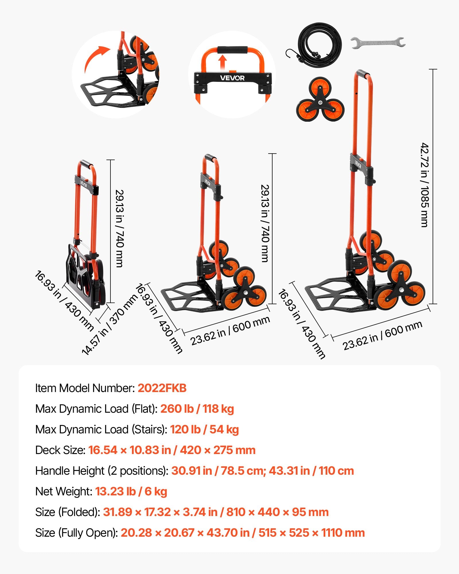 Stair Climbing Cart, 54 kg Stair-Climbing Capacity, Portable Folding
