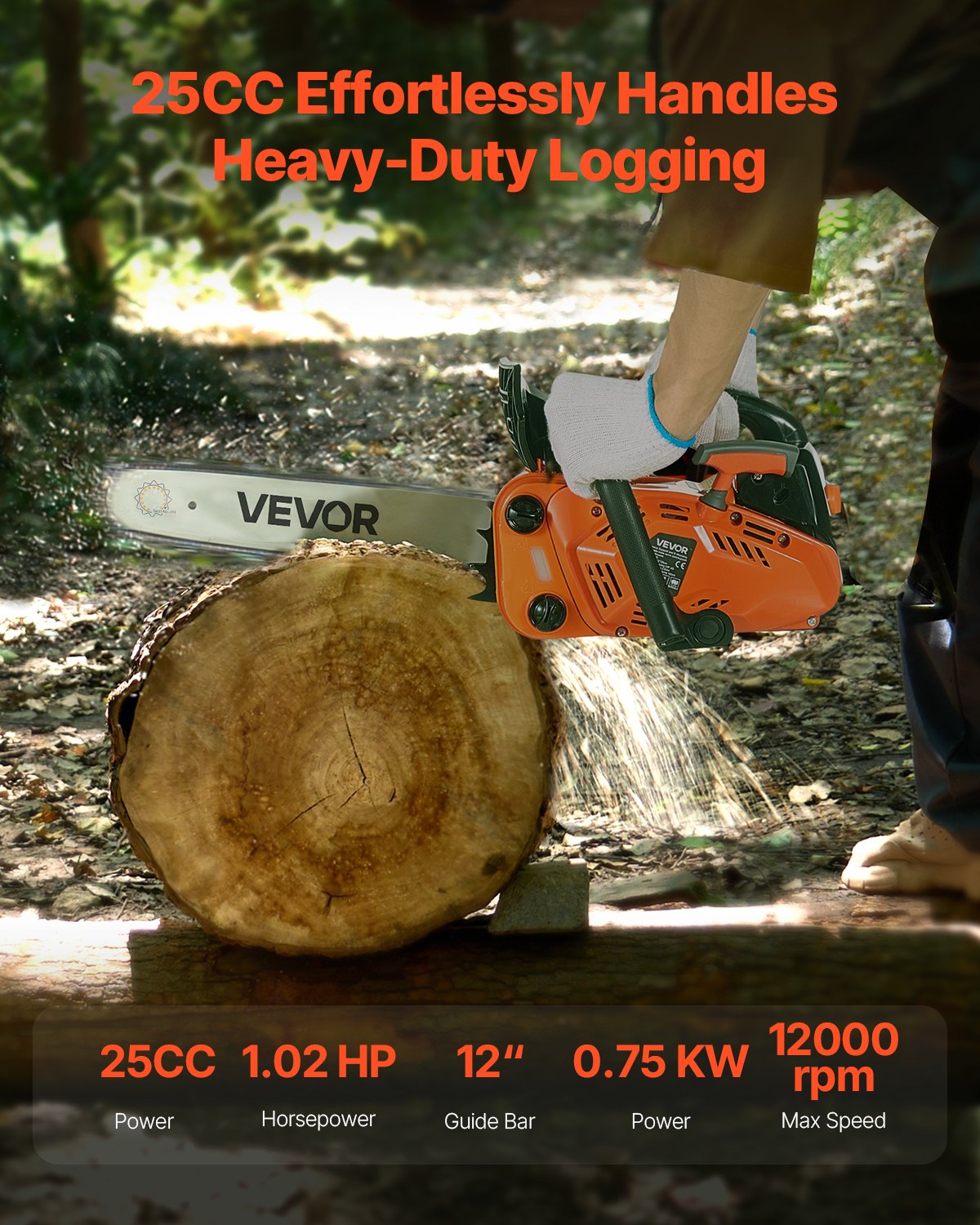25 cc Gas Chainsaw, 12 inch Gas Powered Chainsaw, 1.02 HP Power Chain