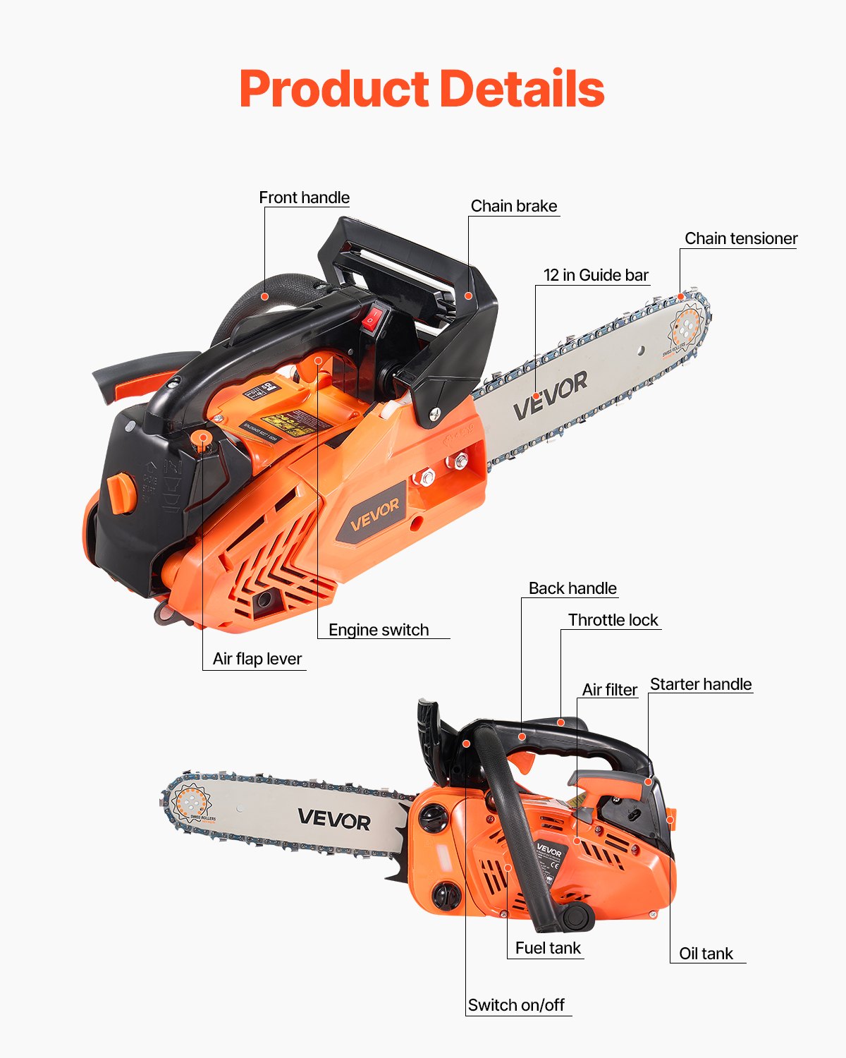 25 cc Gas Chainsaw, 12 inch Gas Powered Chainsaw, 1.02 HP Power Chain
