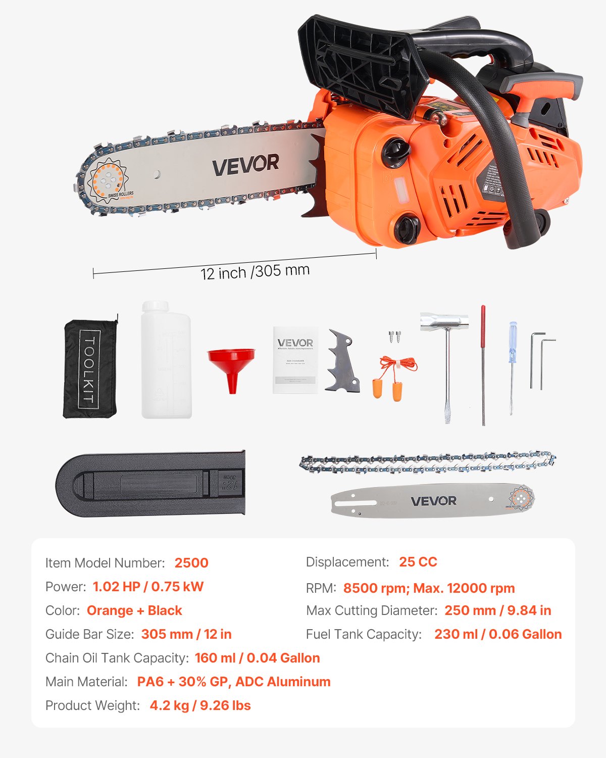 25 cc Gas Chainsaw, 12 inch Gas Powered Chainsaw, 1.02 HP Power Chain
