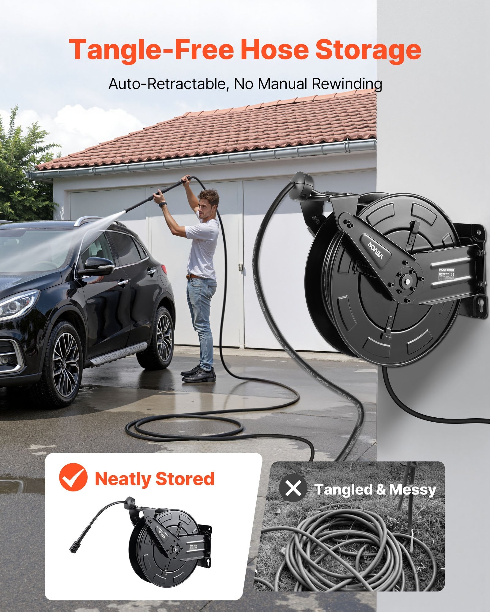 Pressure Washer Hose Reel, 15.2 m x 9.5 mm Retractable Power