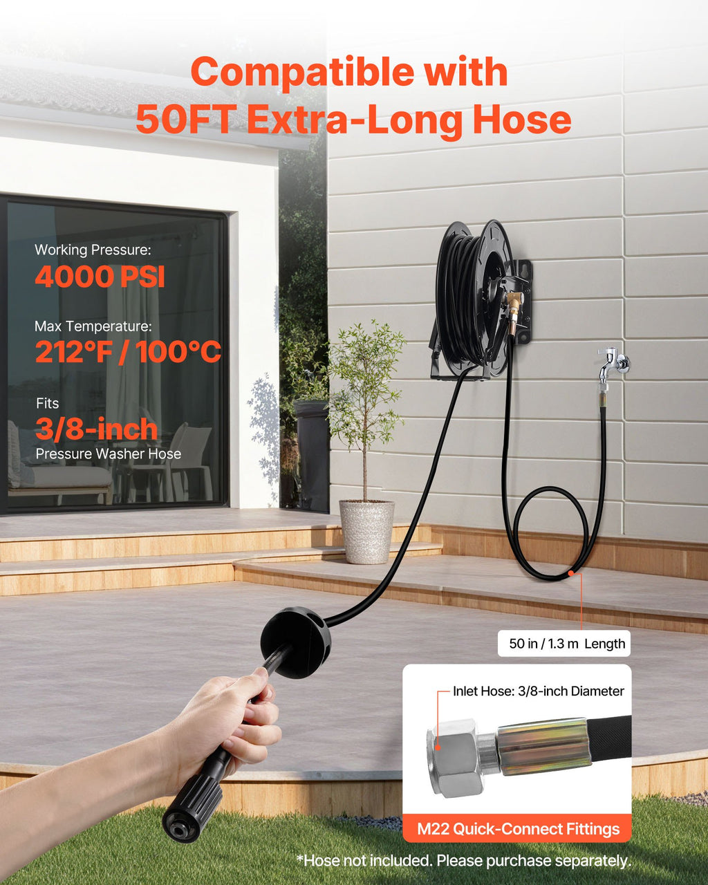 Pressure Washer Hose Reel, 15.2 m x 9.5 mm Retractable Power