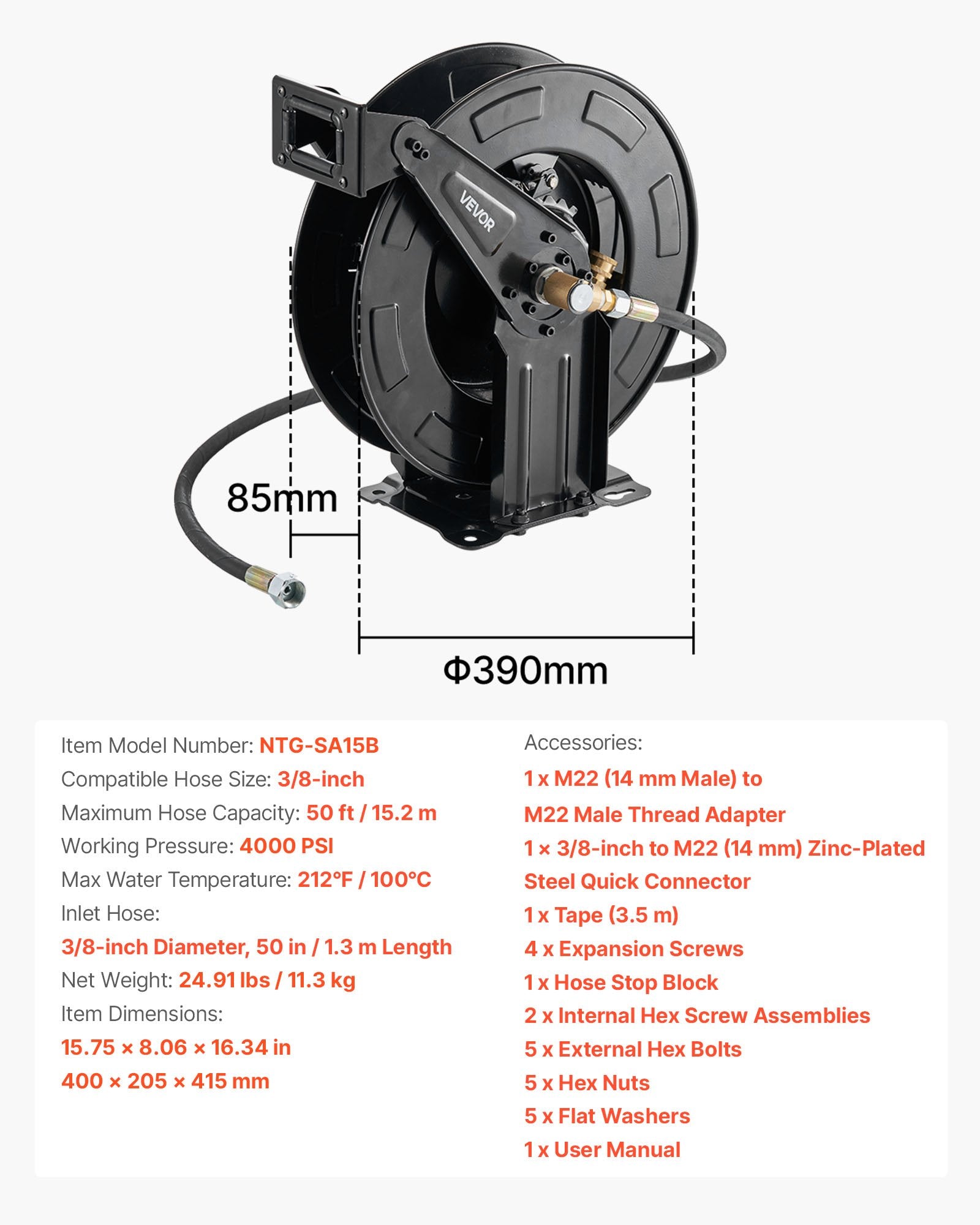 Pressure Washer Hose Reel, 15.2 m x 9.5 mm Retractable Power