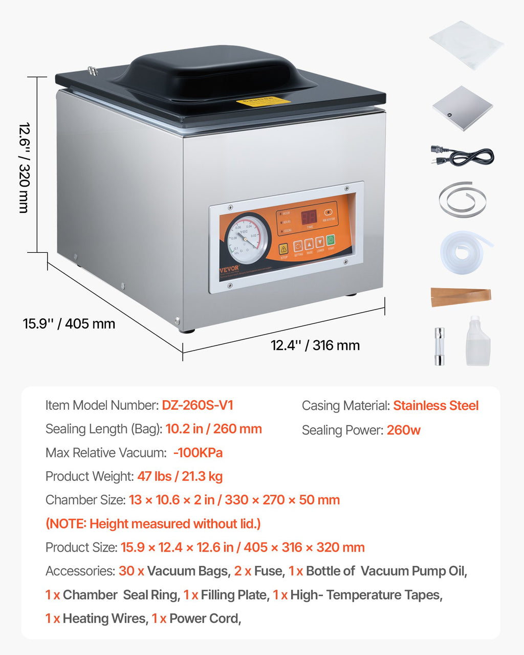 Chamber Vacuum Sealer, 260W Sealing Power, Vacuum Packing Machine for