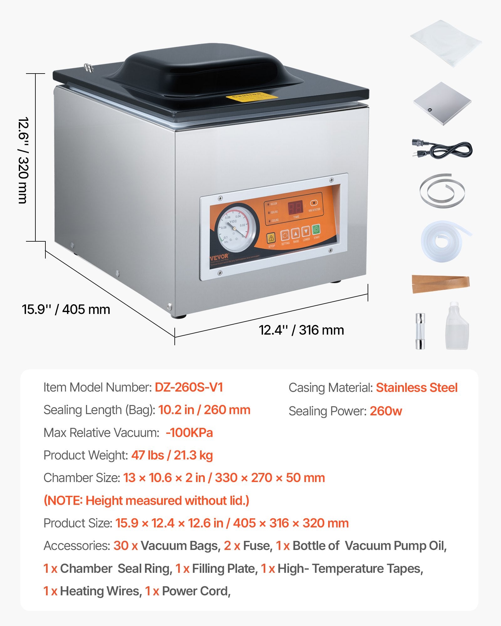 Chamber Vacuum Sealer, 260W Sealing Power, Vacuum Packing Machine for