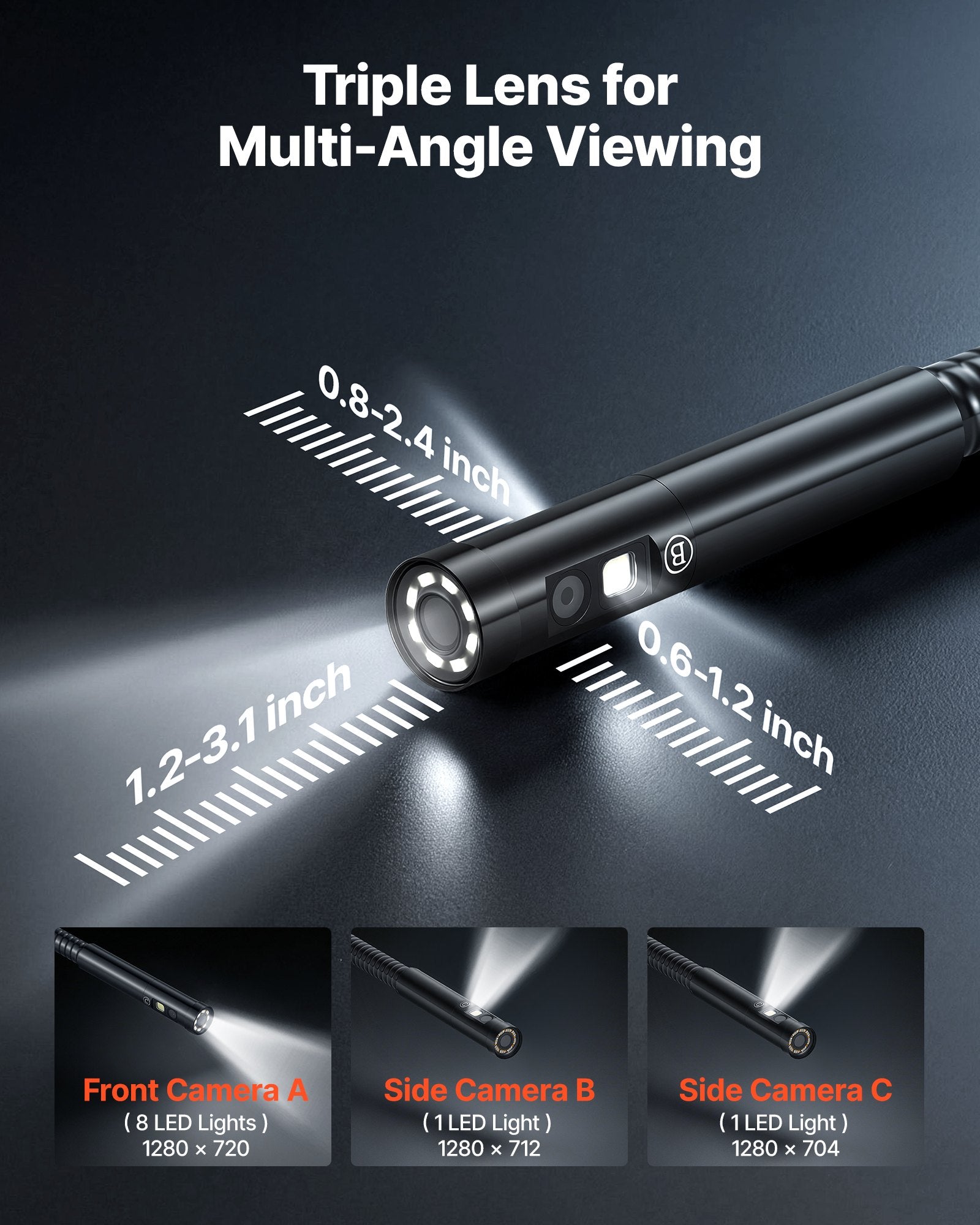 Triple Lens Endoscope with Light, 5in HD IPS Screen Industrial