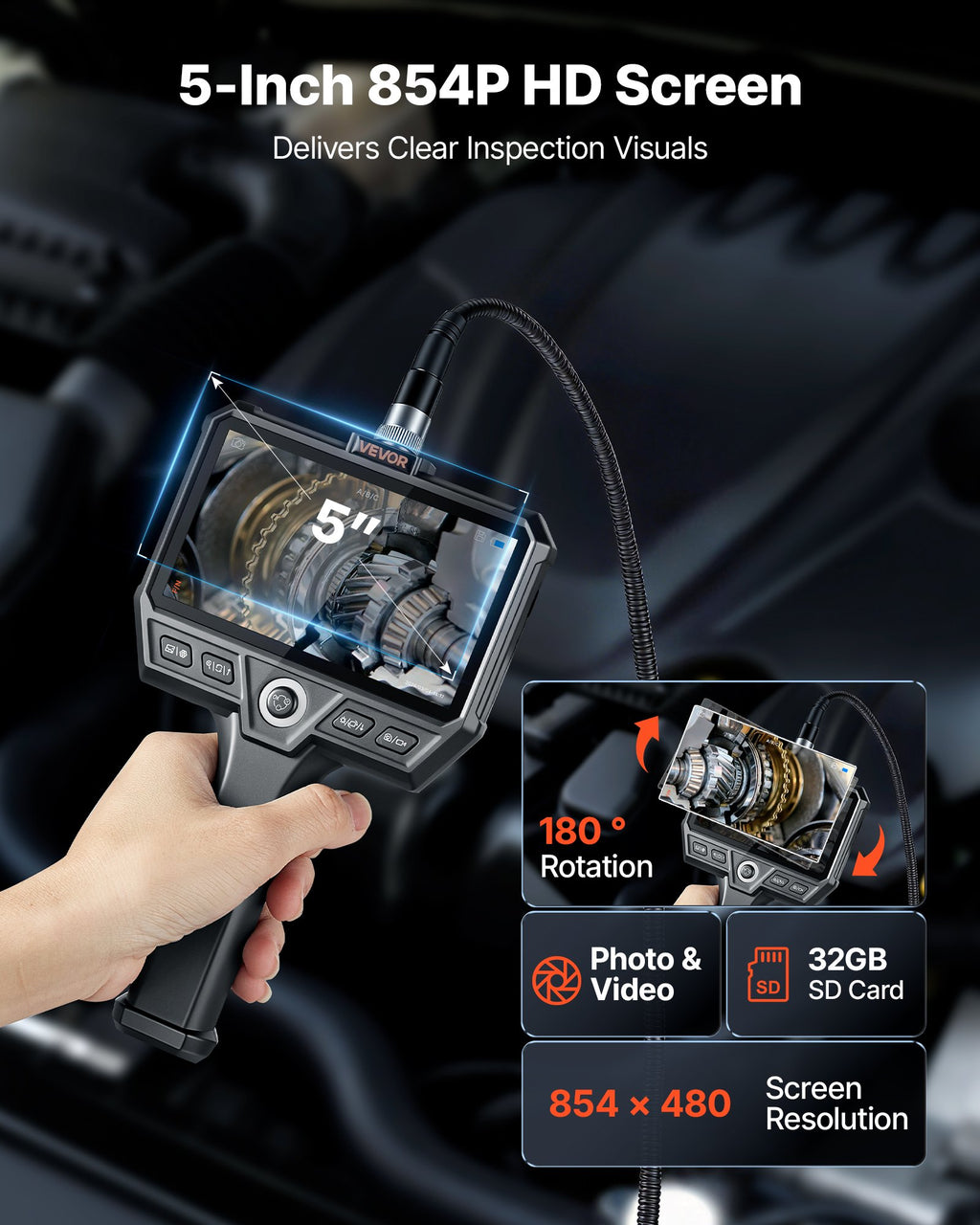 Triple Lens Endoscope with Light, 5in HD IPS Screen Industrial