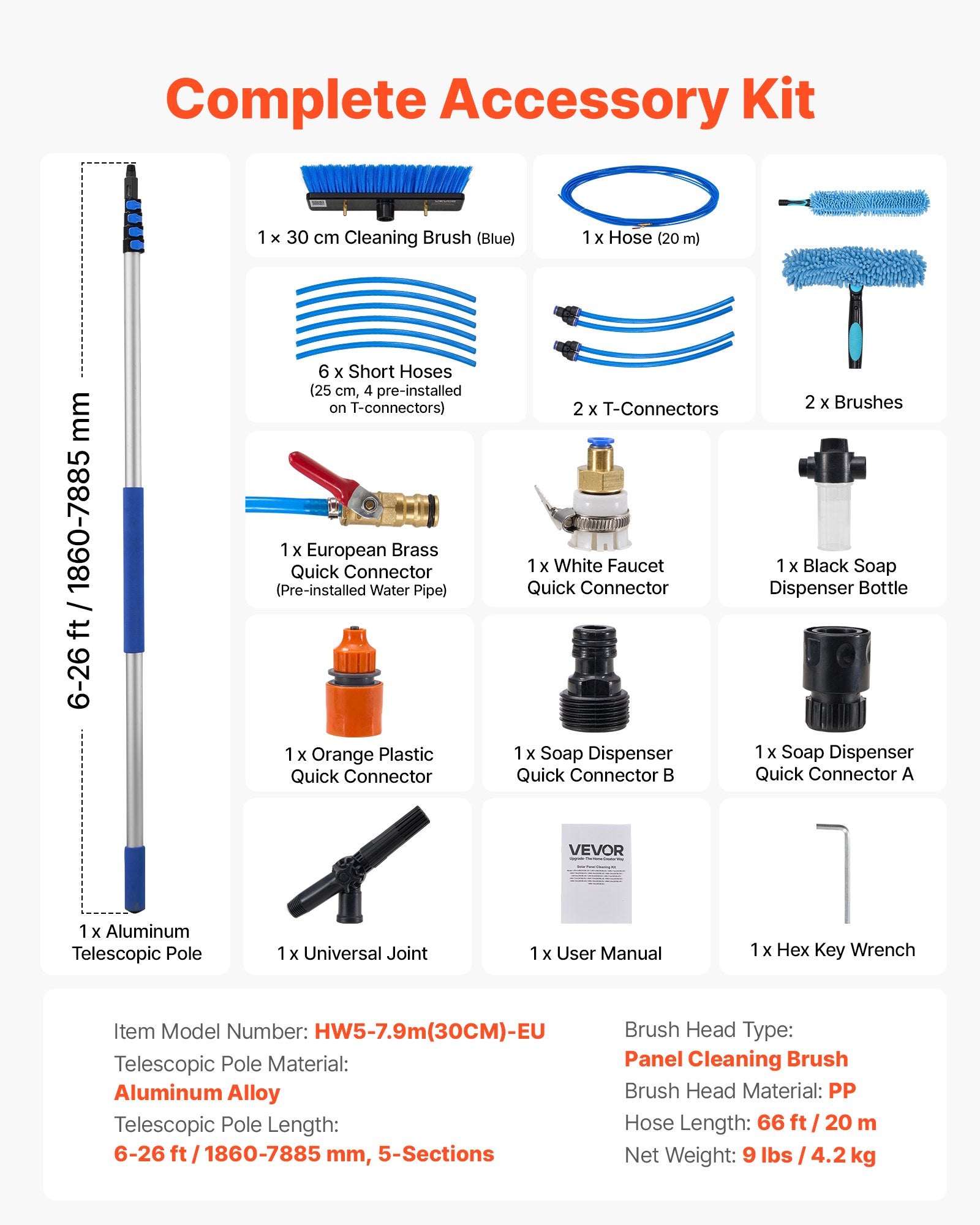 Solar Panel Cleaning Kit, 7.885 m, Water Fed Pole Kit with Cleaning