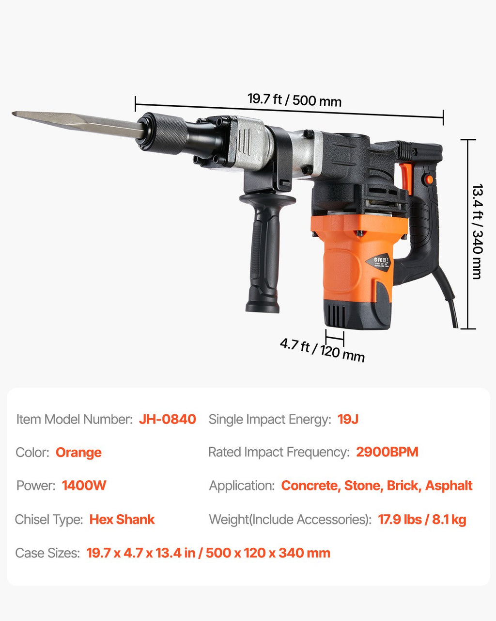 Demolition Jack Hammer Concrete Breaker 1400W Electric Hammer 2 Chisel