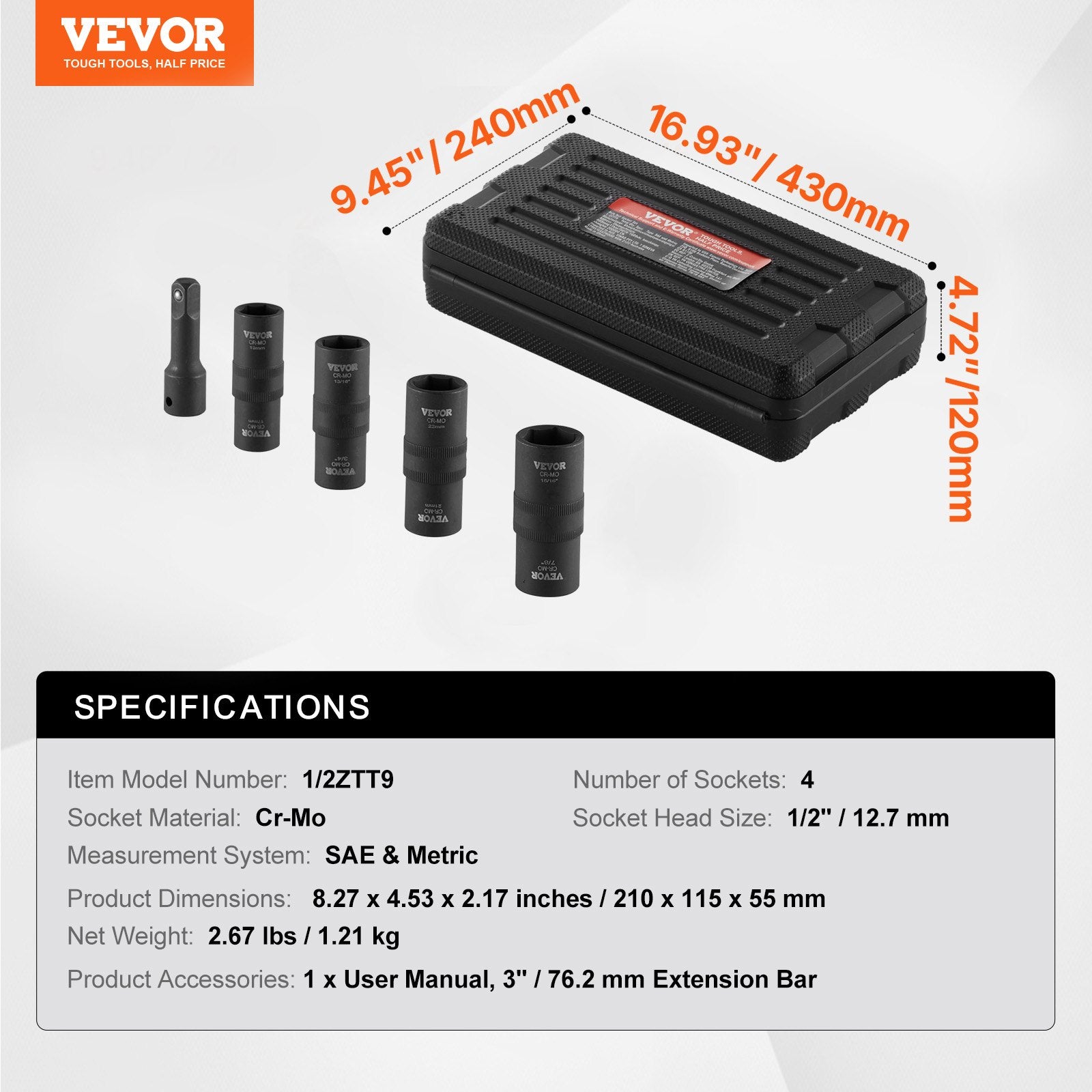 Lug Nut Impact Socket Set, 1/2 inch Drive Metric and SAE 6-Point Flip