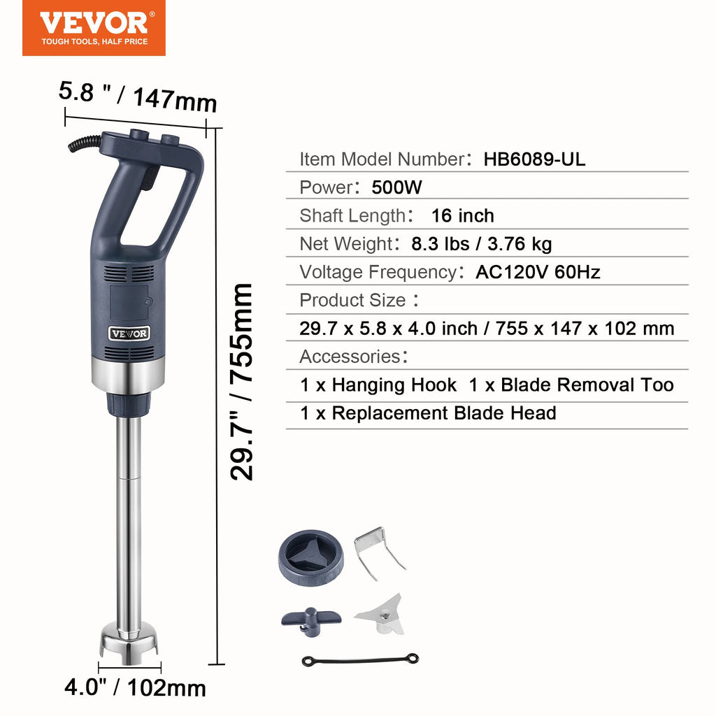 Commercial Immersion Blender, 500W Heavy Duty Hand Mixer, 16 inch